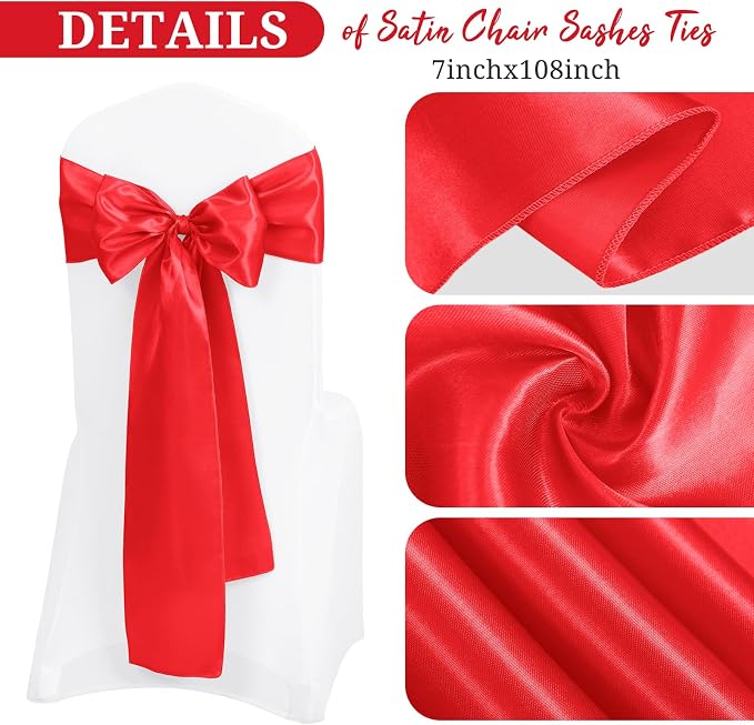 Pesonlook 120 PCS Red Satin Chair Sashes Bows,Satin Chair Sashes Universal Chair Cover for Wedding Reception Restaurant Event Decoration Banquet,Party,Hotel Event Decorations (7 x 108 inch)
