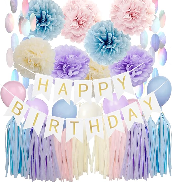 Iridescent Birthday Decorations for girls Women - Pink Purple Blue Party Balloons with Happy Birthday Banner Tassel Dot Garland and Paper Pom poms Decor (Pastel Pink Purple)