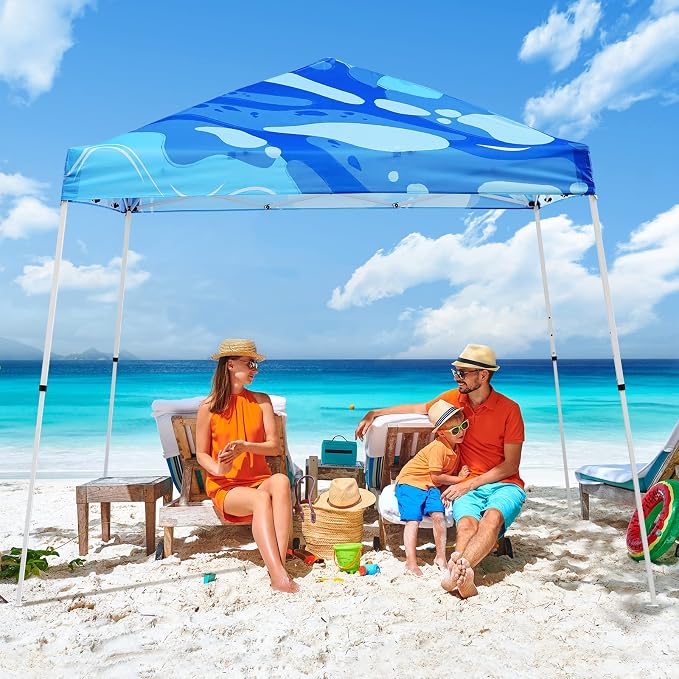 EAGLE PEAK 10x10 Slant Leg Pop-up Canopy Tent Easy One Person Setup Instant Outdoor Beach Canopy Folding Portable Sports Shelter 10x10 Base 8x8 Top (Blue Abstract)