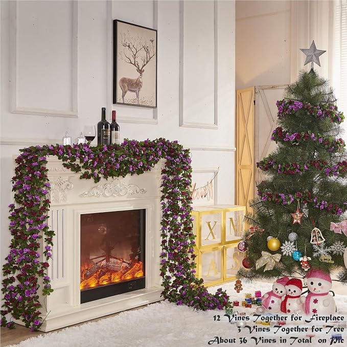 PONKING 8 Pcs x 8.2 ft Flower Garland Artificial Rose Vine Flowers with Green Leaves Hanging Fake Roses Vine for Room Party Home Wedding Birthday Christmas Wall Arch Decor, Spring Purple Flower