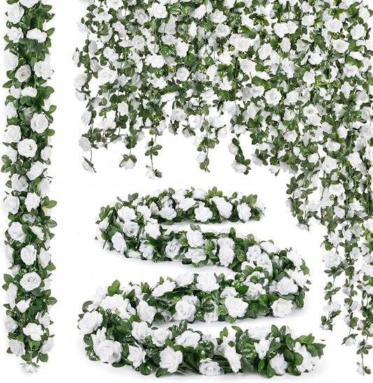 Suncalla 30 Pcs 246ft Flower Garland Artificial Vine with Green Leaves Hanging Fake Flower Vines Ivy Garlands Wall Garden Decor for Room Wedding Birthday Arch Decor (White)