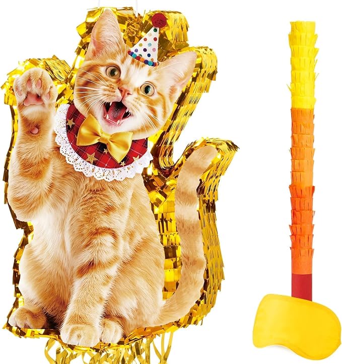 WERNNSAI Cat Piñata - Orange Cat Birthday Decorations Pull String Piñata Bundle with Blindfold and Bat Cute Animal Party Game for Kitten Party Supplies
