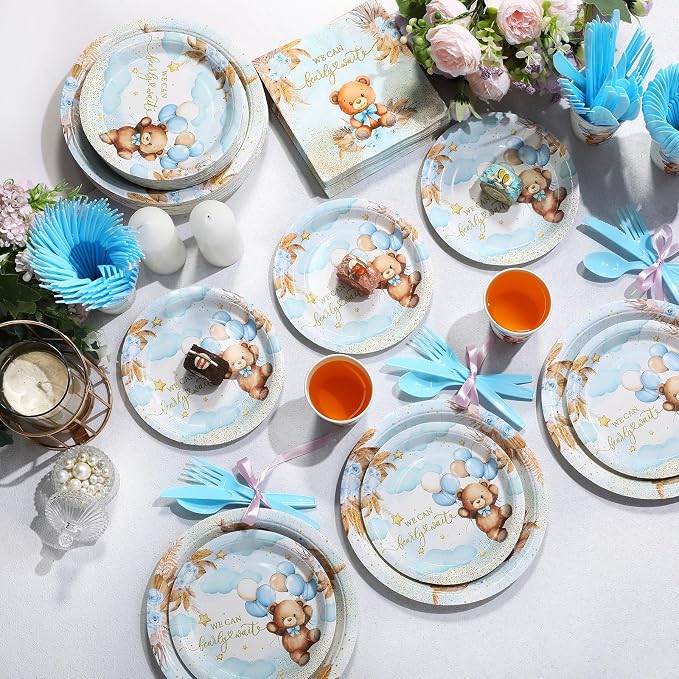 Ziliny 350 Pcs Bear Baby Shower Party Supplies We Can Bearly Wait Paper Plates Napkins Cups and Plastic Cutlery Party Tableware Set for Bear Baby Shower Birthday Decorations, Serves 50