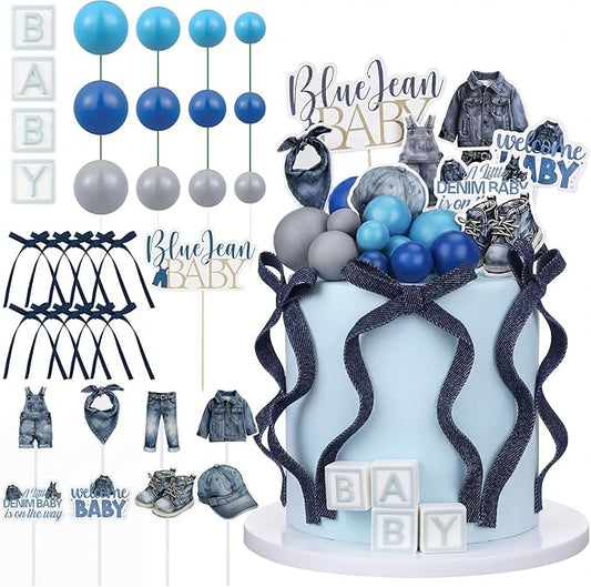 Novabright 32 Pcs Blue Jean Denim Baby Shower Decorations a Little Denim Baby Is on the Way Decorations Cupcake Toppers for Welcome Blue Jean Clothes Pregnancy Gift