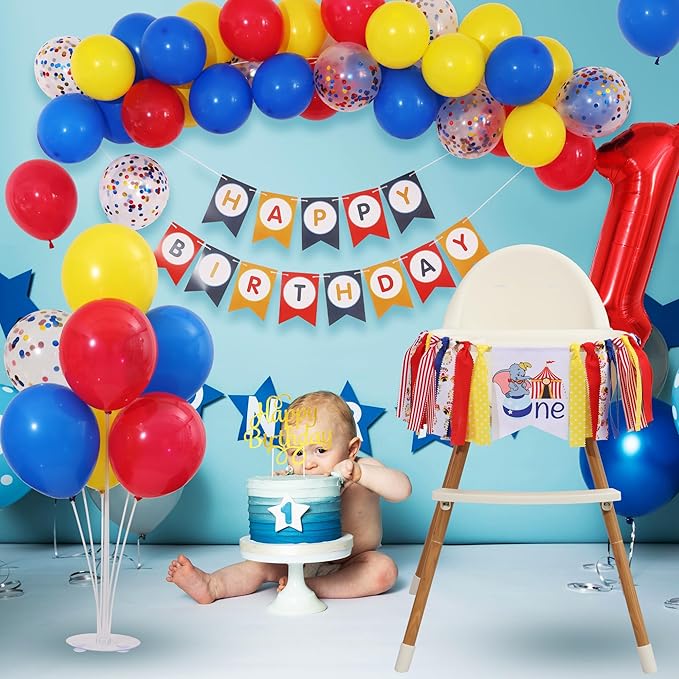 Circus Carnival First 1st Birthday Decorations for Boy Carnival One High Chair Banner with 60PCS Red Yellow Blue Balloons, Cake Topper, Number 1 Balloon, Crown & Banner for One Year Old Boy Party
