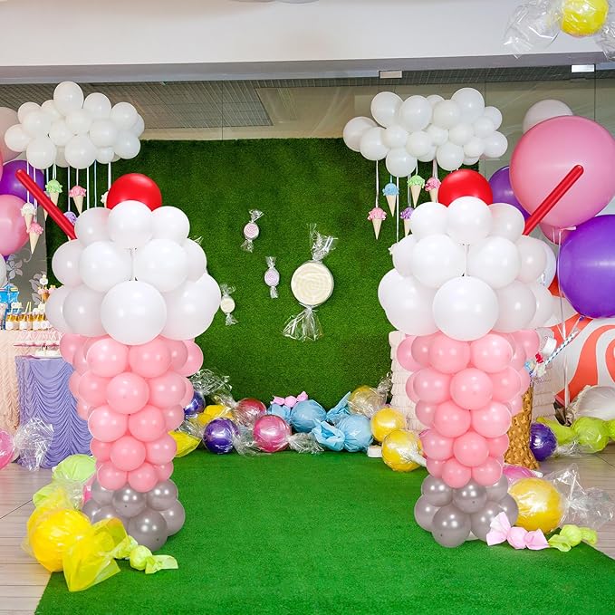 2 Set Ice Cream Balloon Column Stand Kit with 150 Balloon 2 Removable Milkshake Stand with Weighted Base and Stick 30 Rings Column Tower for Baby Shower Birthday Wedding Party Decor