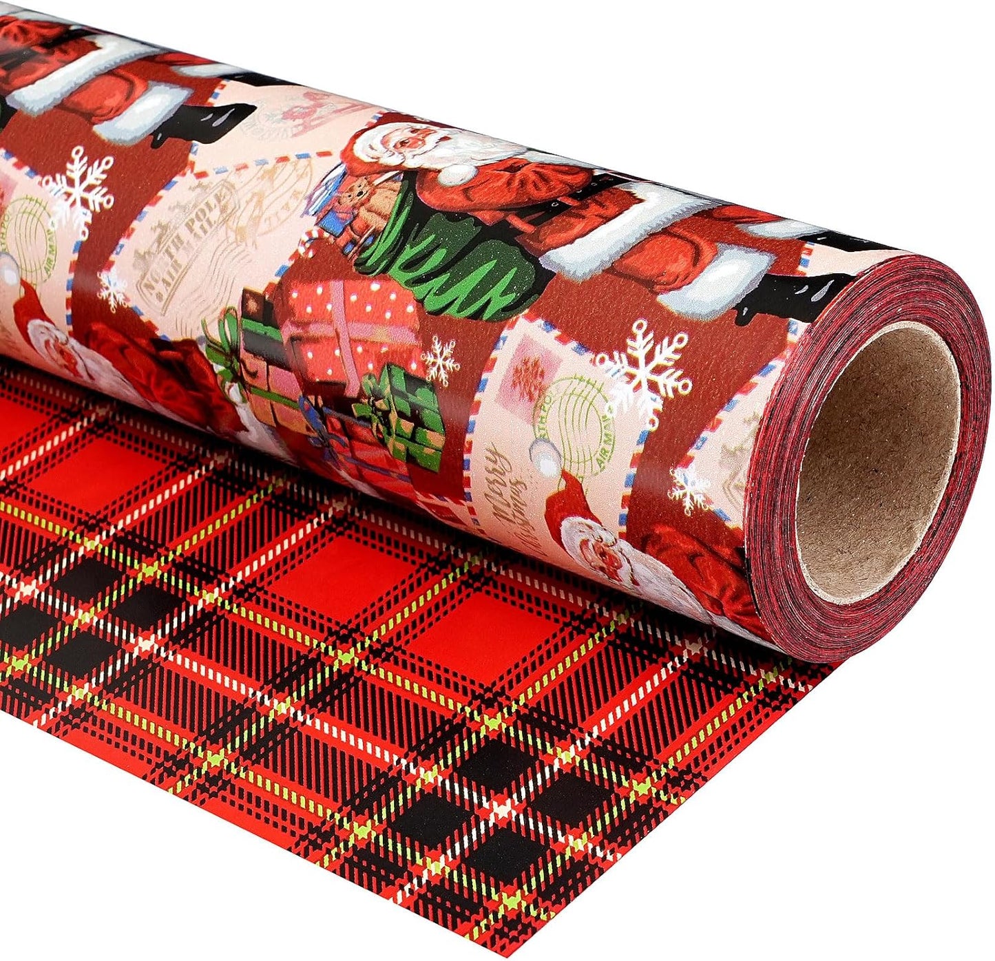 Ulmasinn Reversible Christmas Wrapping Paper Roll - 17" x33ft Double-Sided Designs with Santa and postcard & Plaid for Xmas Gift Wrap for Presents, Table Decor & Crafting