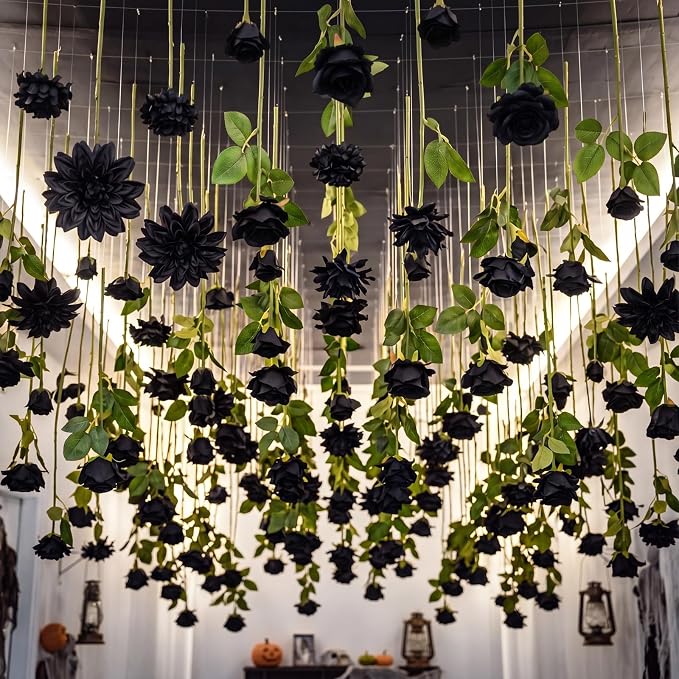 Lyrow 60 Pack Black Artificial Flower Hanging Ornaments Rose Floating Garland Gothic Halloween Moody Dark Wedding Victorian Goth Black Aesthetic Ceiling Garland Home Table Decor DIY Bouquet Craft