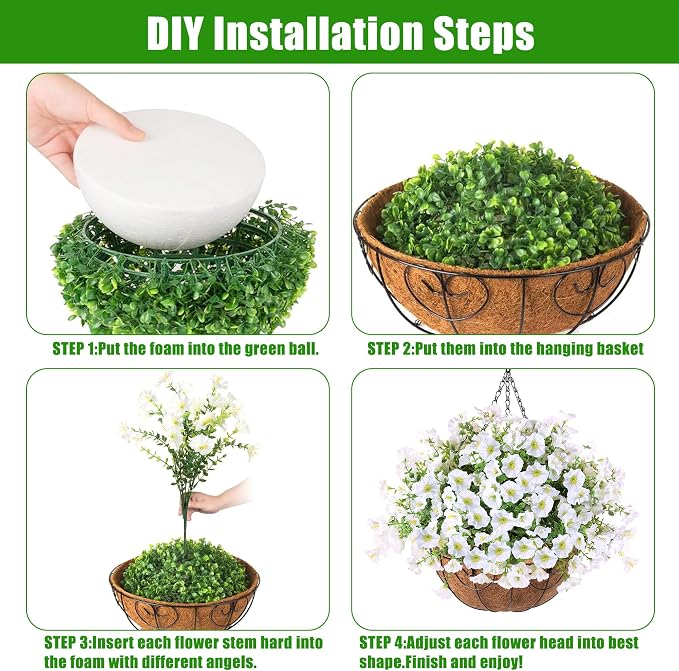 Sggvecsy Artificial Flowers for Outdoors with Baskets Hanging Plant Faux Flowers UV Resistant Fake Silk Morning Glory with Eucalyptus for Planter Porch Garden Home Spring Summer Decoration(White)