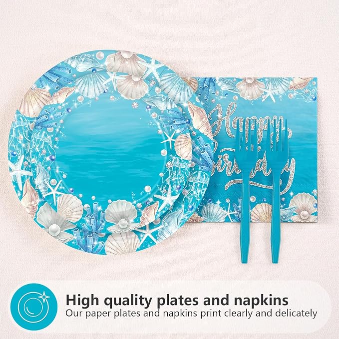 96Pcs Ocean Sea Party Decorations Ocean Waves Birthday Plates and Napkins Disposable Summer Blue Sea Tableware Sets for Boys Girls Birthday Baby Shower Coastal Party Supplies, Serves 24