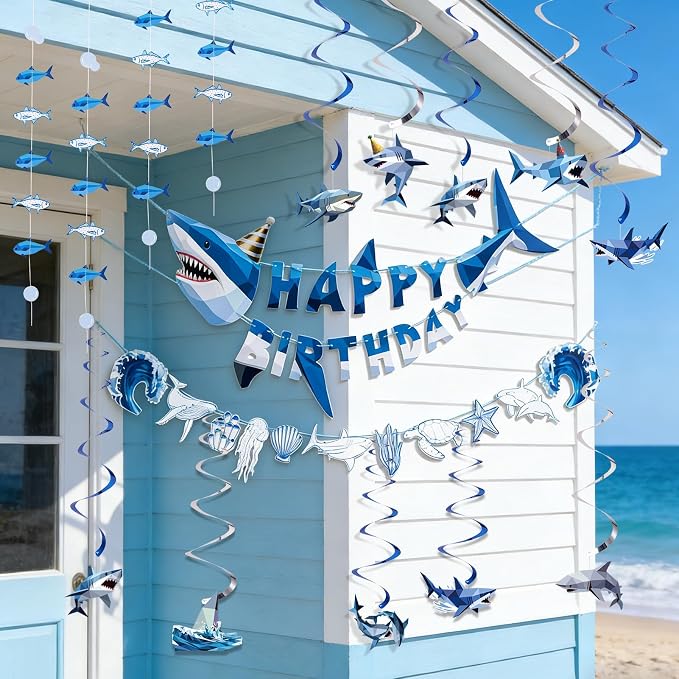 SUNBEAUTY Shark Birthday Party Decorations Shark Birthday Banner Ocean Theme Party Decoration Under The Sea Shark Garland Blue Ocean Swirls Hanging Wall Decor for Boys Baby Shower Beach Summer Party