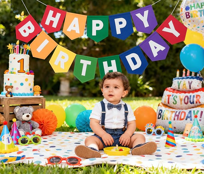 Felt Red Orange Yellow Green Blue Purple Happy Birthday Banner Birthday Decorations for Women Girls Boys Men Pets Handmade Party Backdrop