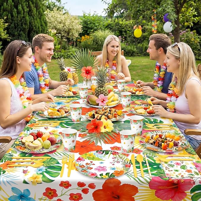 Vesici 452 Pcs Tropical Luau Party Supplies Set for 50 Guests Include 9'' 7'' Paper Plates 9 oz Cups Napkins Tablecloths Forks Spoons Straws for Aloha Hawaiian Hibiscus Flower Birthday Decorations