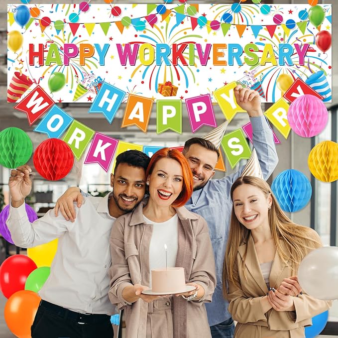 Holkcog Happy Workiversary Decorations for Coworker, Colorful Happy Workiversary Banner Honeycomb Ornament and Balls、Colorful Balloons Decor Set for Work Anniversary Employee Office Party Supplies