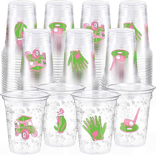 Jingmore 100 Pcs Pink Golf Plastic Cups 12 oz Let's Par-tee Disposable Clear Plastic Drinking Cups Bulk for Golf Ball Sports Hole in One Theme Birthday Bachelor Party Decorations Supplies