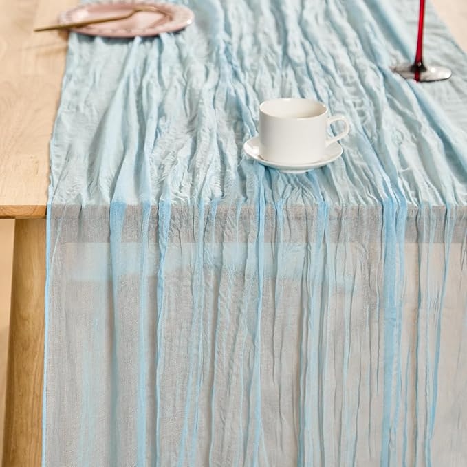 3 Pack Baby Blue Spring Table Runner Boho Cheesecloth Table Runners Bulk 10 ft Gauze Sheer Mother's Day Table Centerpieces for Wedding Ceremony Anniversary Bridal Baby Shower Banquet