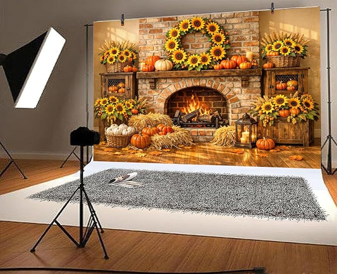10 x 8 ft Fall Backdrop Fall Fireplace Harvest Pumpkins Maple Leaves Sunflower Background Rustic Friendsgiving Thanksgiving Family Party Decorations Backdrop Photo Props Supplies