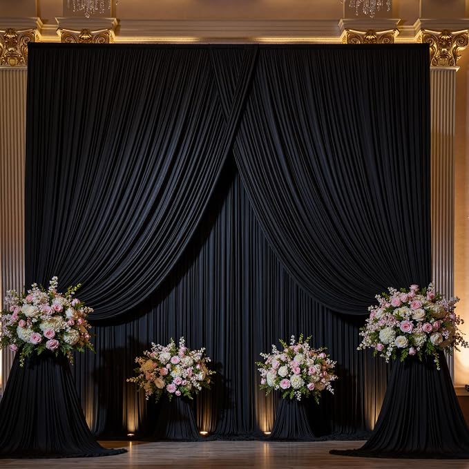 6 Panels 5x15ft Black Backdrop Curtains for Parties, Wrinkle Free Polyester Black Photo Backdrop Drapes 15 ft Long Back Drop Cloth for Wedding Birthday Photography Background Party