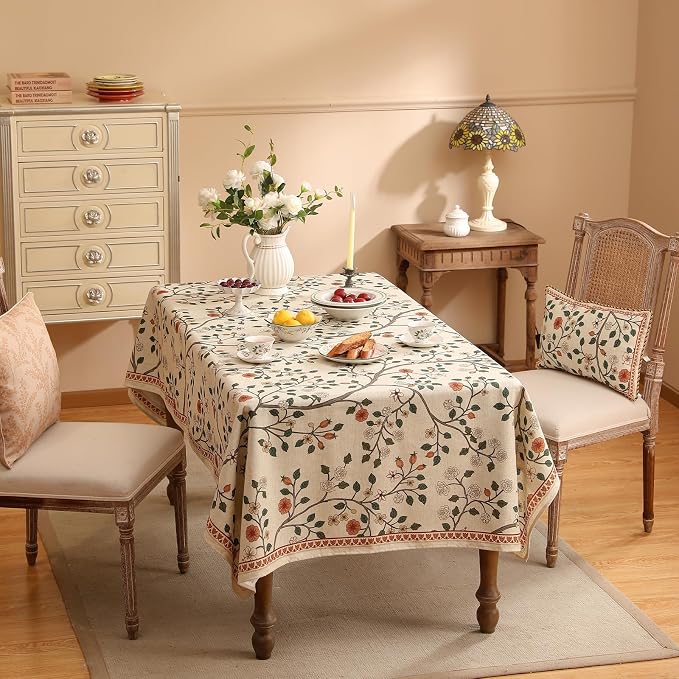 ISAENNE Vintage French Linen Square Small Tablecloth,55"x55"-Flora A | Designer Elegant Floral Table Cloth,Beautiful,Heavyweight,Decoration,Durable,Dining Room,Tea Party,Kitchen,Thanksgiving