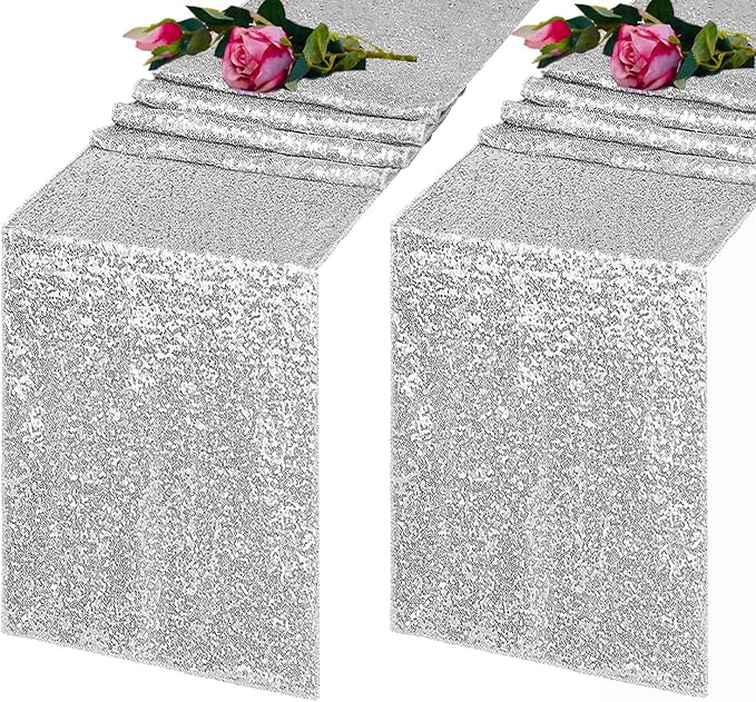 2 Pack Silver Sequin Table Runner 12x108 Inch, High Density Sparkly Glitter Table Runners for Wedding Reception, Birthday Party, Banquet, Baby Shower, Silver Metallic Shimmering Decor