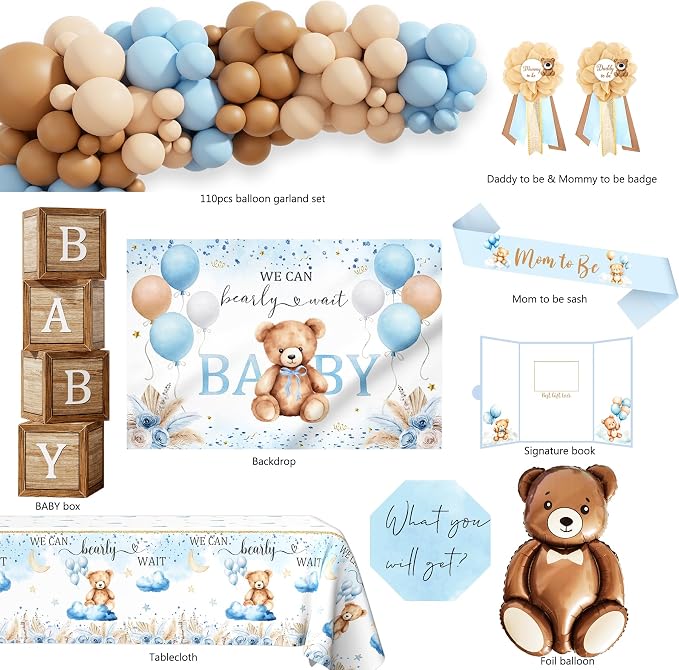 Bear Baby Shower Decorations Party Supplies, We Can Bearly Wait Baby Shower Decoration, Backdrop Balloon Arch Box Mom to Be Sash Dad to Be Pin Tablecloths Bear Balloon