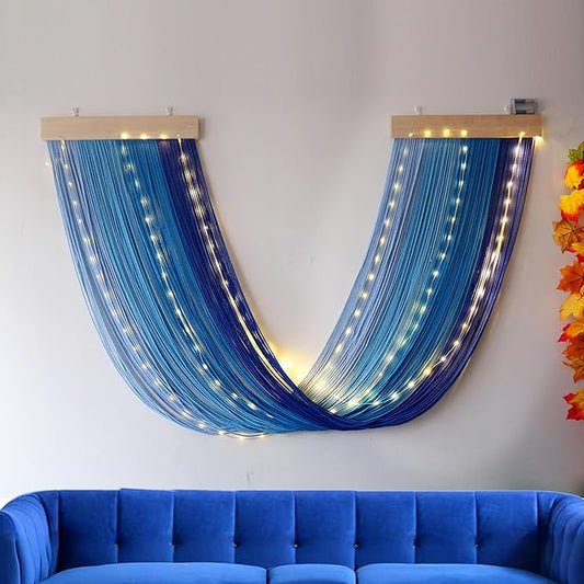 OakHaomie Macrame Fairy Lights Battery Operated with Remote,Large Macrame Wall Hanging with 20ft 100 LED String Lights, Blue Gradient Warm White Light for Living Room,Bedroom,Christmas,Holiday Deco