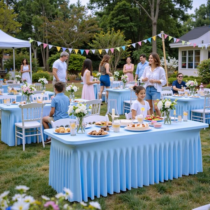 2 Pack Spandex Baby Blue Table Clothes for 8 Foot Rectangle Tables, Wrinkle Free Table Cloth 8ft Stretchy Tablecloths with Skirt for Parties Weddings Birthday Banquet Baby Shower