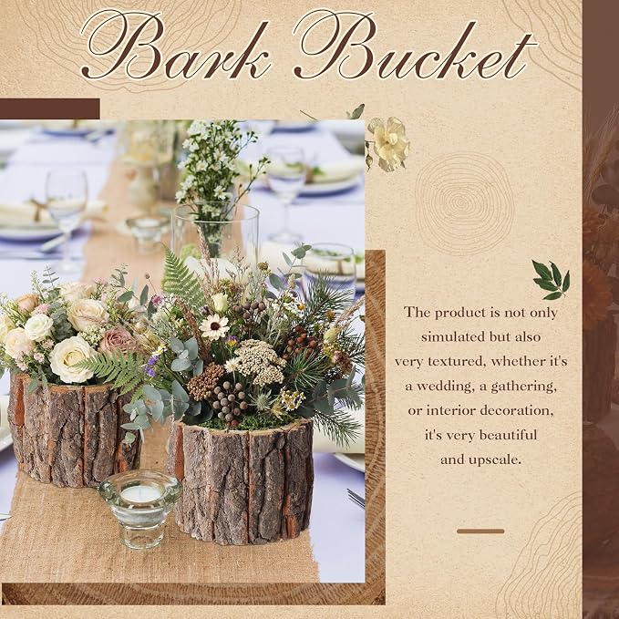 8 Set Wooden Vase for Centerpieces Wedding Flower Table Centerpieces Decor Rustic Bark Stump Bucket Farmhouse Wood Planter Pot for Woodland Party Window Home (Fake Green Moss,Large)