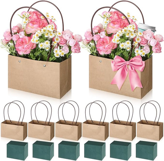 6 Set Mother's Day Flower Gift Boxes with Floral Foam Blocks, Bouquet Carrier Bags with Handle, Paper Flower Box for Bouquet, Floral Arrangement Box for Birthday, Wedding Party Favor(Brown)