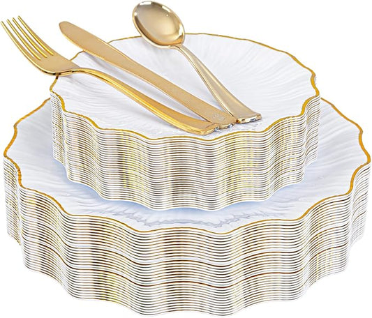 U-QE 150PCS White and Gold Plastic Plates with Gold Disposable Silverware for 30 Guests, Vintage White Plastic Plates Include 30 Dinner Plate,30 Dessert Plate,90 Cutlery for Bridal Shower, Party