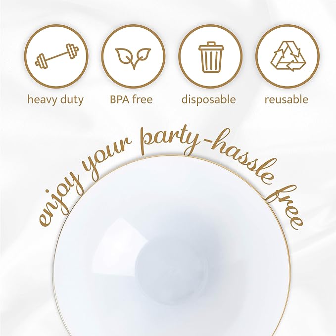 [16 OZ 10 Count] White Plastic Floral Design Party Soup bowls With Gold Rim Premium heavyweight Elegant Disposable Tableware Dishes