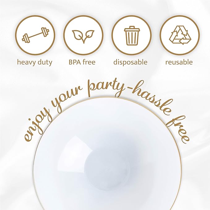 PLASTICPRO White Plastic Floral Design Party Plates With Gold Rim Premium heavyweight Elegant Disposable Tableware Dishes (120, 16 OUNCE BOWLS)