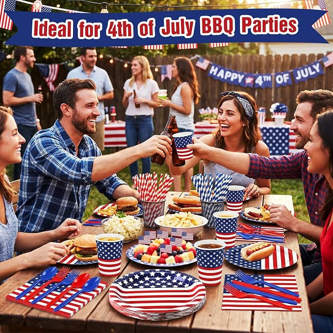 450 Pcs 4th of July Patriotic Tableware Set Decorations USA Red White Blue American Flag Paper Plates Napkins Cups Cutlery Straws for 250th Anniversary Birthday Party Supplies, Serves 50