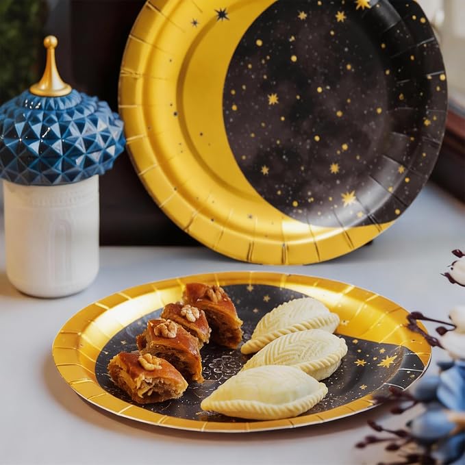 Cheerland Gold Metallic Foil Star and Moon Paper Plates for Galaxy Theme Party Tableware Set Starry Night Outer Space Birthday Sun and Moon Party Decorations Twinkle Twinkle Little Stars (24, Gold)