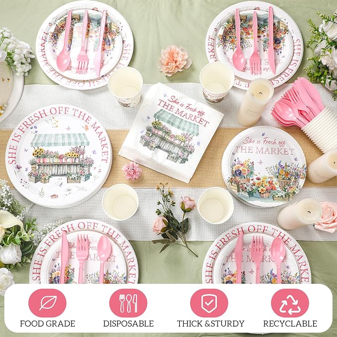 Yungyan 252 Pcs She Is Fresh off the Market Bridal Shower Party Tableware Set Included Plates Napkins Cups Forks Knives Cutlery for Party Decorations Supplies 36 guests