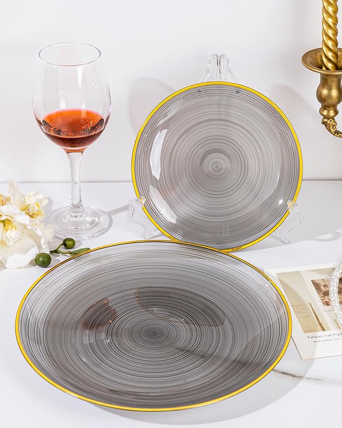 Morejoy 60Pcs Black Plastic Plates,Black Disposable Plates With Gold Rim,Heavy-duty Gold plate, Modern swirl design Plate Include 30 Dessert-plates,30Dinner-plates for Party,New Year