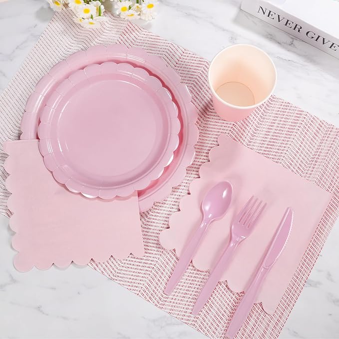 175 Pcs Pink Plates and Napkins, 25 Set Scalloped Pink Dinnerware | Light Pink Party Decor Include 9" Paper Plates, 7" Dessert Plates, 6.5 Inch Napkins for Girls Birthday, Bridal Baby Shower