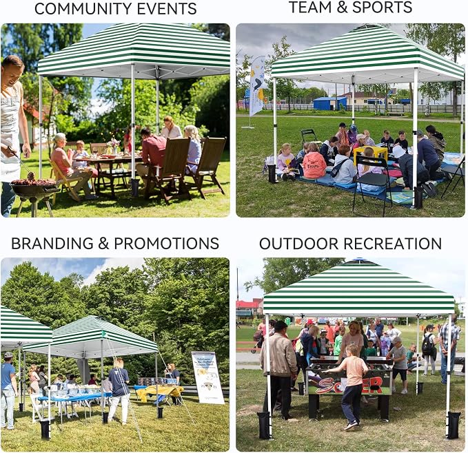 Nazhura 10' x 10' Pop Up Canopy with Sand Weight Bag, Awing for Patio, Freestanding Sun Shelter for Picnic and Camping, One Person Setup, White (Green Stripe)