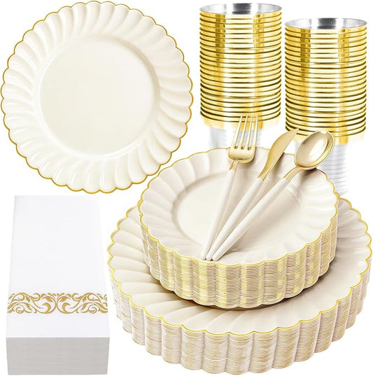 Ciaell 175 PCS Ivory Scalloped Plastic Plates - Gold Disposable Plates Fancy High-end Dinnerware Sets for Wedding & Party (25 Guests)