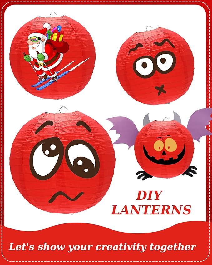 Treela 48 Pcs Paper Lanterns Party Decorations Chinese Round Paper Decor 4/6/8/10 Inch Asian Hanging Lamps Decorative for Graduate Wedding Birthday Party Bridal Parties Supplies(Red)