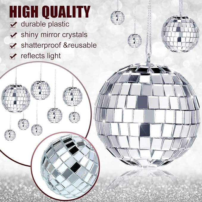 MTLEE 20 Pcs Disco Balls Decoration Mirror Disco Ball Assorted Silver Mini Glass Different Sizes Reflective with Rope for 70s Wedding Dance Music(2.4, 2, 1.6, 1.2 Inch)