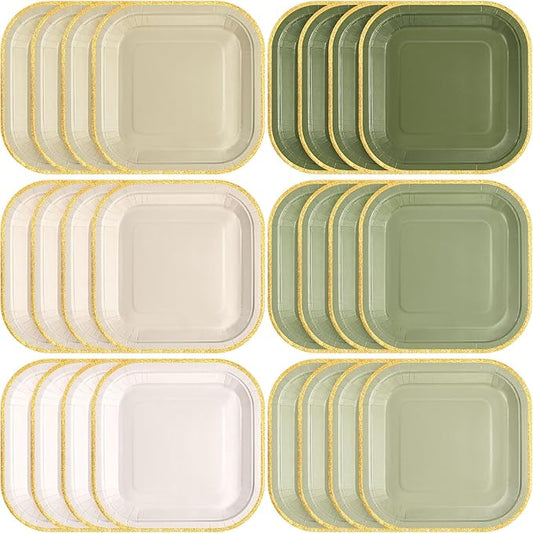 60 Pcs Sage Green Paper Plates 7 Inch Gradient Disposable Square Dessert Party Plates with Gold Edge for Birthday Wedding Bridal Baby Shower Party Supplies, 6 Colors