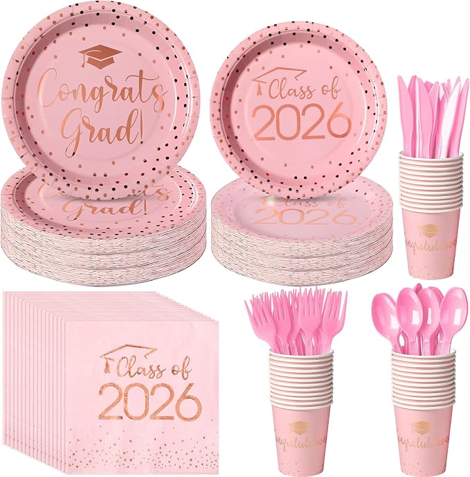 175pcs Class of 2026 Graduation Plates and Napkins Set, Disposable Paper Plate Set Polka Dots Plates Napkins Cups Knife Fork Spoon for Graduation Party Decorations and Supplies,Serve 25 (Pink）