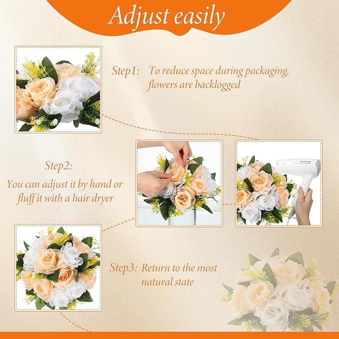 Hotop 12 Pcs Artificial Rose Flower Balls for Centerpieces, Silk Roses Kissing Balls Romantic Faux Floral Arrangements for Engagement Wedding Home Decor (Champagne,White)