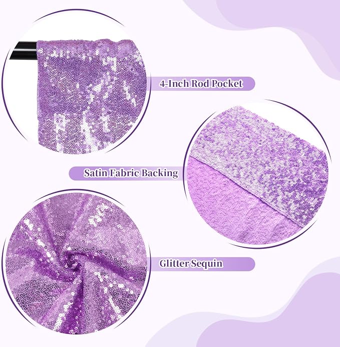SquarePie 7x7ft Lavender Sequin Backdrop for Photography, Satin-Backed Real Sequin Curtain, Enhanced Coverage Shimmering Background with 4" Rod Pocket for Wedding, Birthday, Party Decor, 1 Panel
