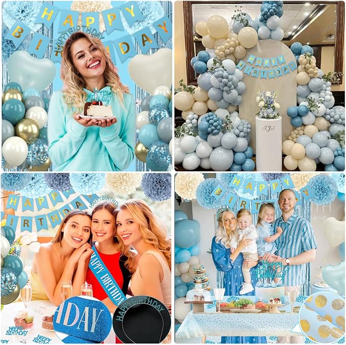 Blue Birthday Decorations Set, Blue Party Decoration Balloons with HAPPY BIRTHDAY Banner, Pom Poms, Fringe Curtain Background, Birthday Crown, Shoulder Strap for Boho Partys Girls Women Party Supplies