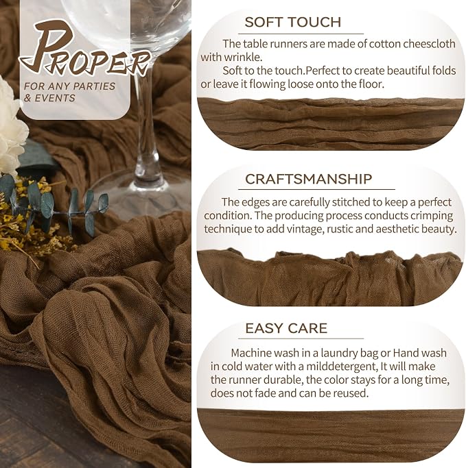 10 Packs Cheesecloth Table Runner Brown, 10Ft x 35" Rustic Gauze Boho Wedding Table Runner Decoration, Wedding Table Decor Table Cloth for Wedding Party Bridal Shower Table