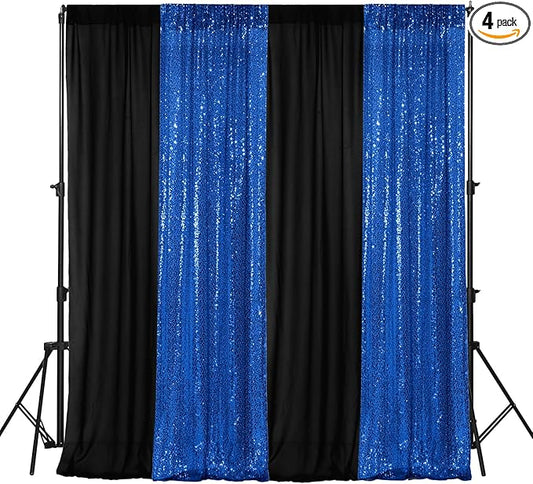 VitalCozy 4 Panels Backdrop Curtains 2 Pcs 4 x 10 ft Sequin Glitter 2 Pcs 7 x 10 ft Chiffon Photo Background Curtains for Graduation Wedding Birthday Party Decorations(Black, Royal Blue)