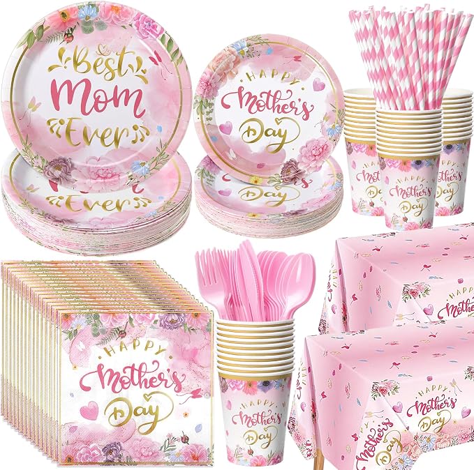 LemonRoad 452 Pcs Mother's Day Decoration for 50 Guests, Pink Gold Floral Happy Mother's Day Paper Plates Napkins Cups Tablecloth Cutlery Straws Disposable Tableware for Best Mom Ever Party Supplies