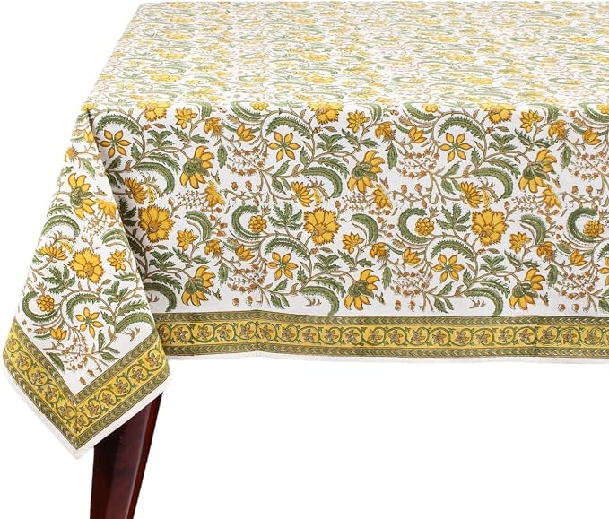 Ridhi Five Call Golden Hand Block Print Cotton Rectangle Tablecloth 190" x 72" inches Reusable Table Cover Decorative Everyday Use for Dining Room, Farmhouse, Home Gift for Spring, Mother's Day